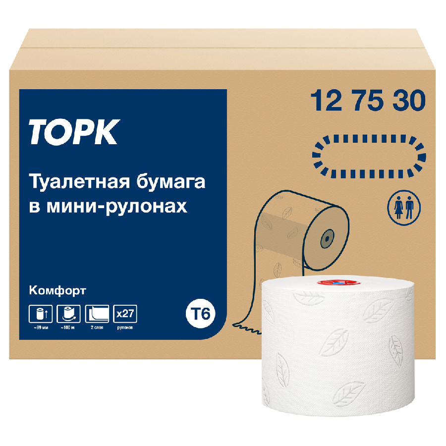 Бумага туалетная Торк "Advanced"(Т6) 2-слойная, Mid-size рулон, 100м/рул., мягкая, тиснение, белая