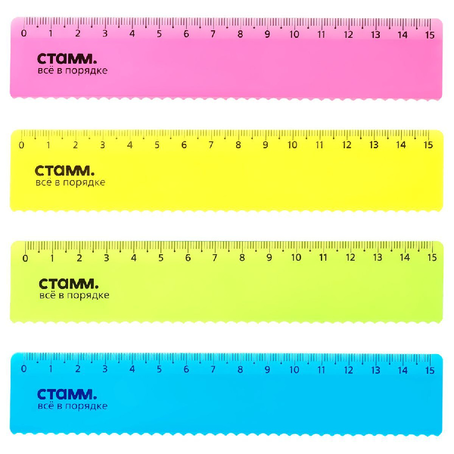 Линейка 15см СТАММ, пластиковая, с волнистым краем, прозрачная, неоновые цвета, ассорти, европодвес