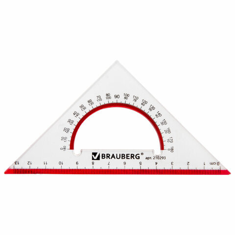 Треугольник пластиковый, угол 45, 13 см, BRAUBERG "Crystal", с транспортиром, прозрачный, с выделенной шкалой, 210293