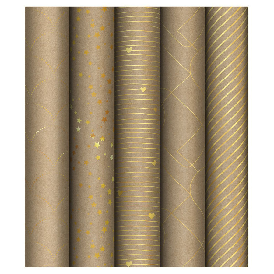 Упаковочная бумага крафт 70*100см, MESHU "Golden Pattern", 80г/м2, отд. фольгой, ассорти 5 дизайнов