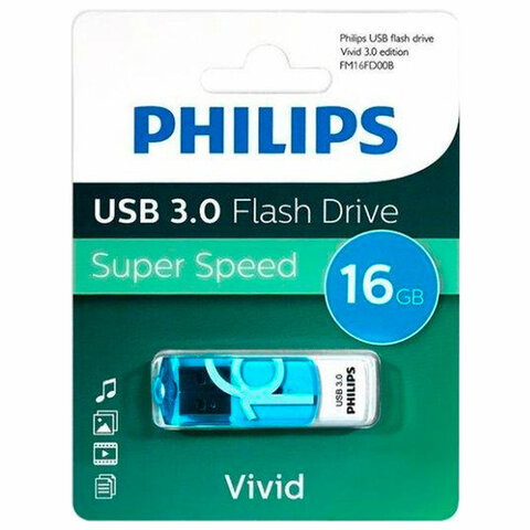 Флеш-диск 16 GB PHILIPS VIVID, разъем USB 3.0, синий, FM16FD00B/97