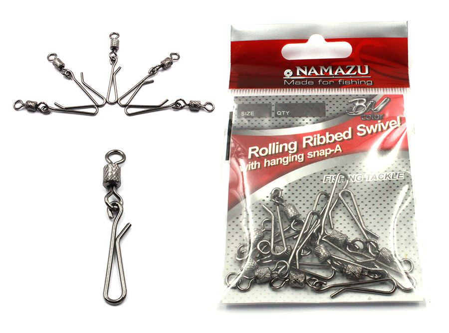 Вертлюг с форелевой заст. Namazu ROLLING RIBBED SWIVEL WITH HANGING SNAP-A, цв. BN, р. 8, test-12 кг (уп.10 шт)/1500/2000/1000/