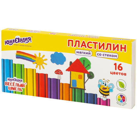 Пластилин мягкий ЮНЛАНДИЯ "ВЕСЕЛЫЙ ШМЕЛЬ", 16 цветов, 240 г, СО СТЕКОМ, 106673