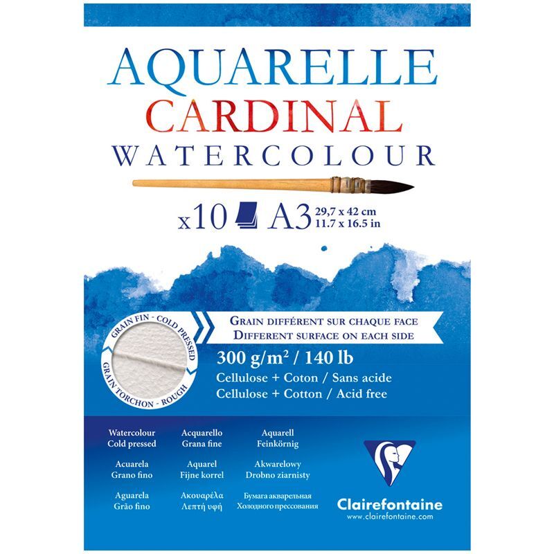 Альбом для акварели, 10л., А3, на склейке Clairefontaine "Cardinal", 300г/м2, торшон, холод. пресс., 30% хлопок