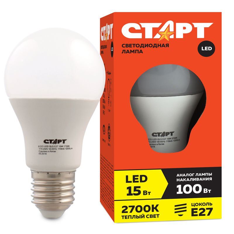 Лампа светодиодная Старт LED, серия "ЭКО" 15W30, тип А "груша" E27, 2700К, теплый свет, 15000ч