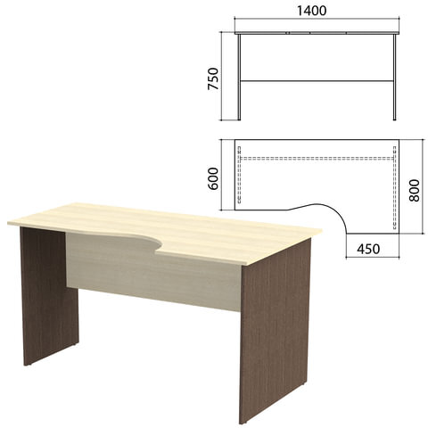 Стол письменный эргономичный "Канц", 1400х800х750 мм, правый, цвет дуб молочный/венге (КОМПЛЕКТ)