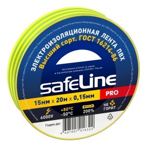 Safeline изолента ПВХ 15/20 желто-зеленая, 150мкм, арт.12122