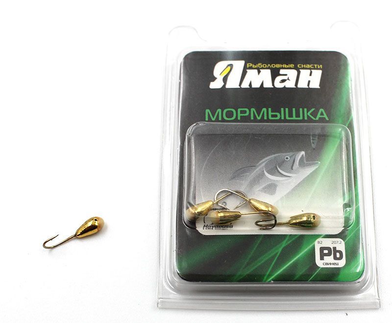 Мормышка "ЯМАН" капля с отв.,цв.GOLD PLATED, с фосф. пяткой, d 3, вес 0,2 г (уп. 5 шт.)