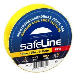 Safeline изолента ПВХ 19/25 желтая, 150мкм, арт.12127