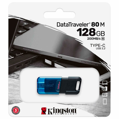 Флеш-диск 128 GB KINGSTON DataTraveler 80 M, разъем Type-C 3.2, черный, DT80M/128GB