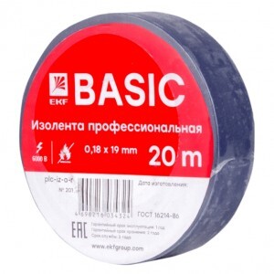 EKF Basic Изолента ПВХ 19/20 синяя, класс А (профессиональная) 0.18х19 мм, 20м plc-iz-a-s