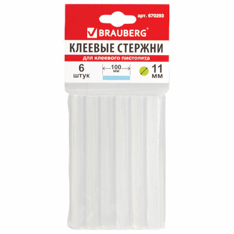 Клеевые стержни, диаметр 11 мм, длина 100 мм, прозрачные, комплект 6 шт., BRAUBERG, европодвес, 670293