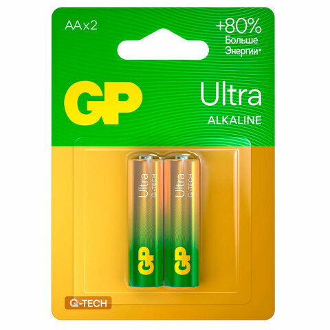 Батарейки КОМПЛЕКТ 2 шт., GP Ultra G-Tech, AA (LR6,15А), алкалиновые, пальчиковые, 15AUA21-2CRSBC2