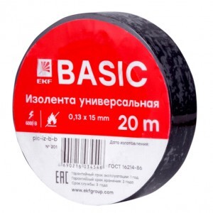 EKF Basic Изолента ПВХ 15/20 черная, класс В (общего применения) 0.13х15 мм, 20м plc-iz-b-b