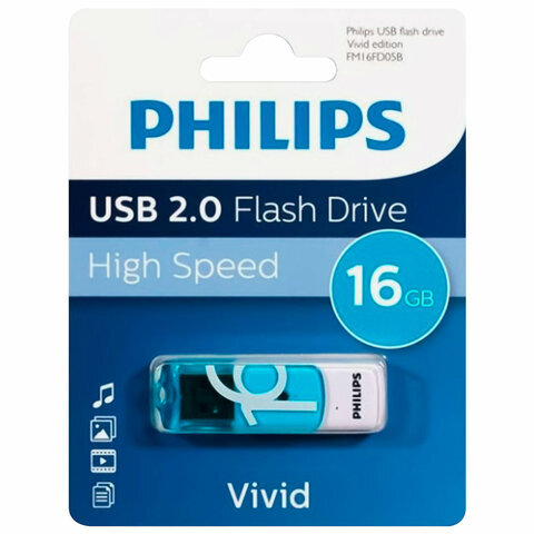 Флеш-диск 16 GB PHILIPS VIVID, разъем USB 2.0, синий, FM16FD05B/97