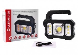 Ultraflash фонарь ручн LED51526 (акк. 4V+солн.бат) 1LED+COB+6xSMD 3W черн 4 реж, micro-USB, бокс