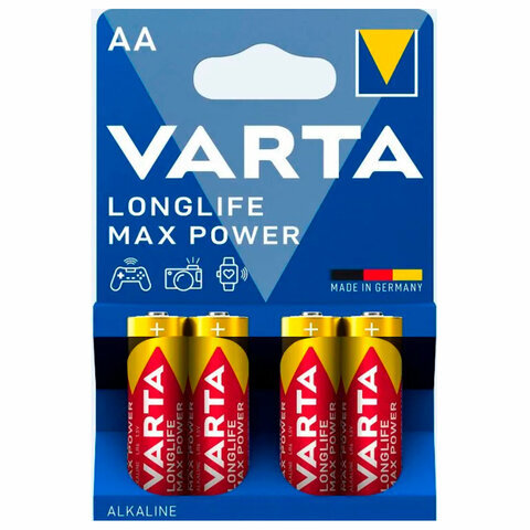 Батарейки алкалиновые "пальчиковые" КОМПЛЕКТ 4 шт., VARTA LONGLIFE MAX POWER, АА (LR6, 24А), блистер, 4706101404