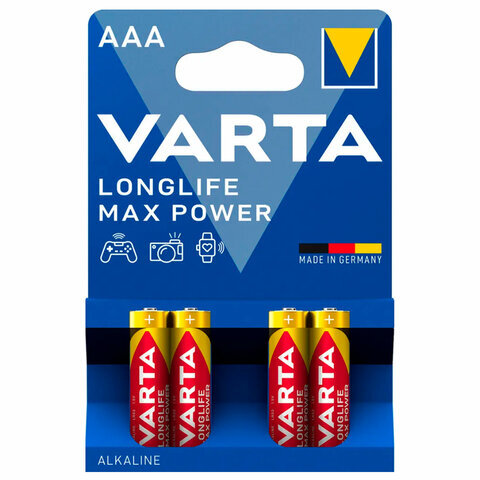 Батарейки алкалиновые "мизинчиковые" КОМПЛЕКТ 4 шт., VARTA LONGLIFE MAX POWER, ААА (LR03,15А), блистер, 4703101404