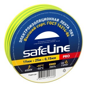 Safeline изолента ПВХ 19/25 желто-зеленая, 150мкм, арт.9375