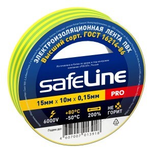 Safeline изолента ПВХ 15/10 желто-зеленая, 150мкм, арт.10256