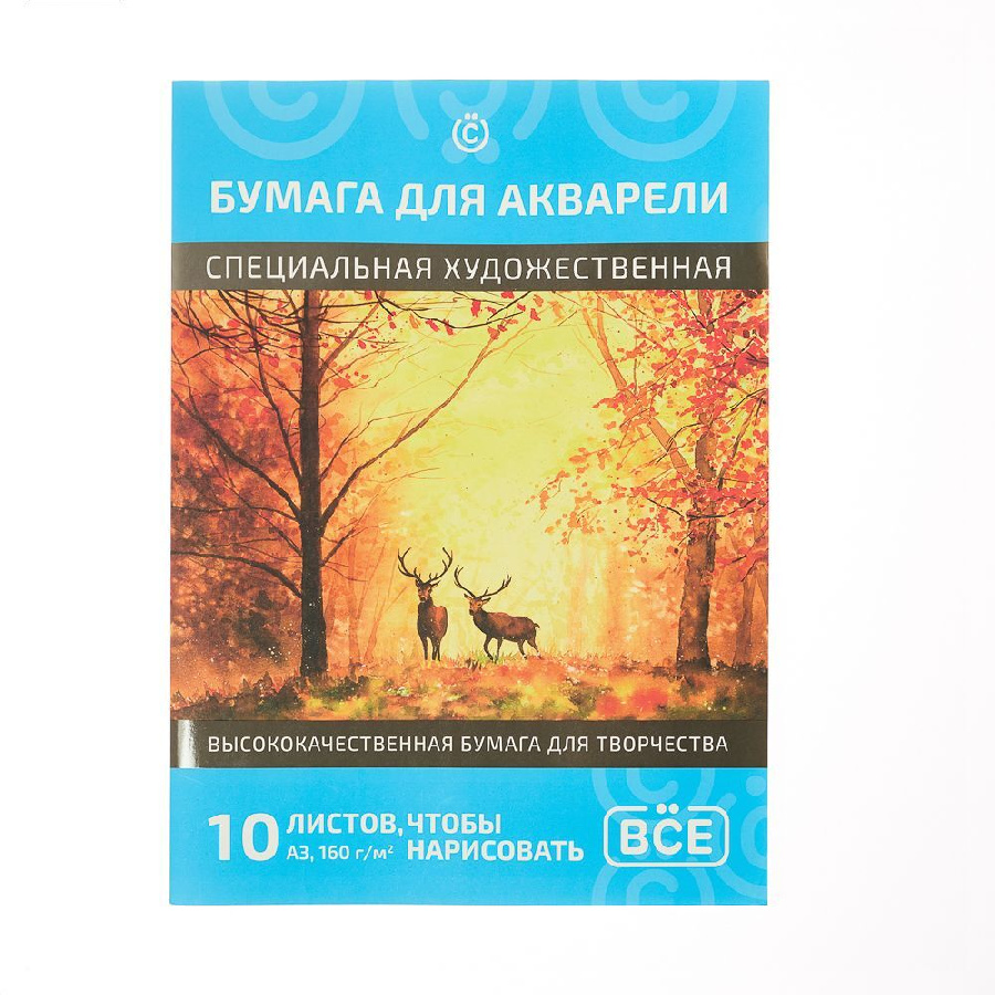 ВСЁГАЗИН Бумага для акварели в папке, A3, 10 листов, 160 г/м2, обл. мелованный картон, 2 диз.