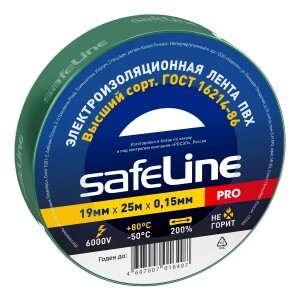 Safeline изолента ПВХ 19/25 зеленая, 150мкм, арт.12126