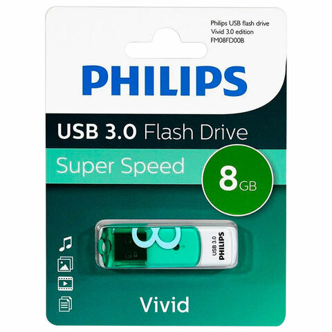 Флеш-диск 8 GB PHILIPS VIVID, разъем USB 3.0, зеленый, FM08FD00B/97