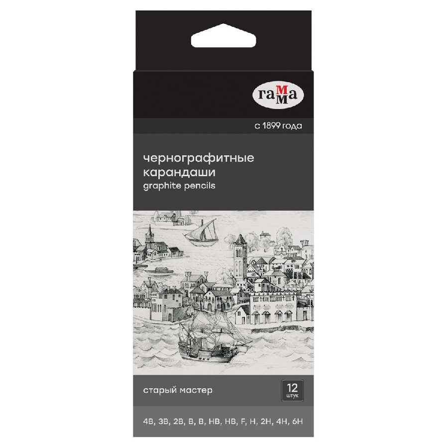 Набор карандашей ч/г Гамма 12шт., 4B-6H, кедр, картон. упаковка, европодвес