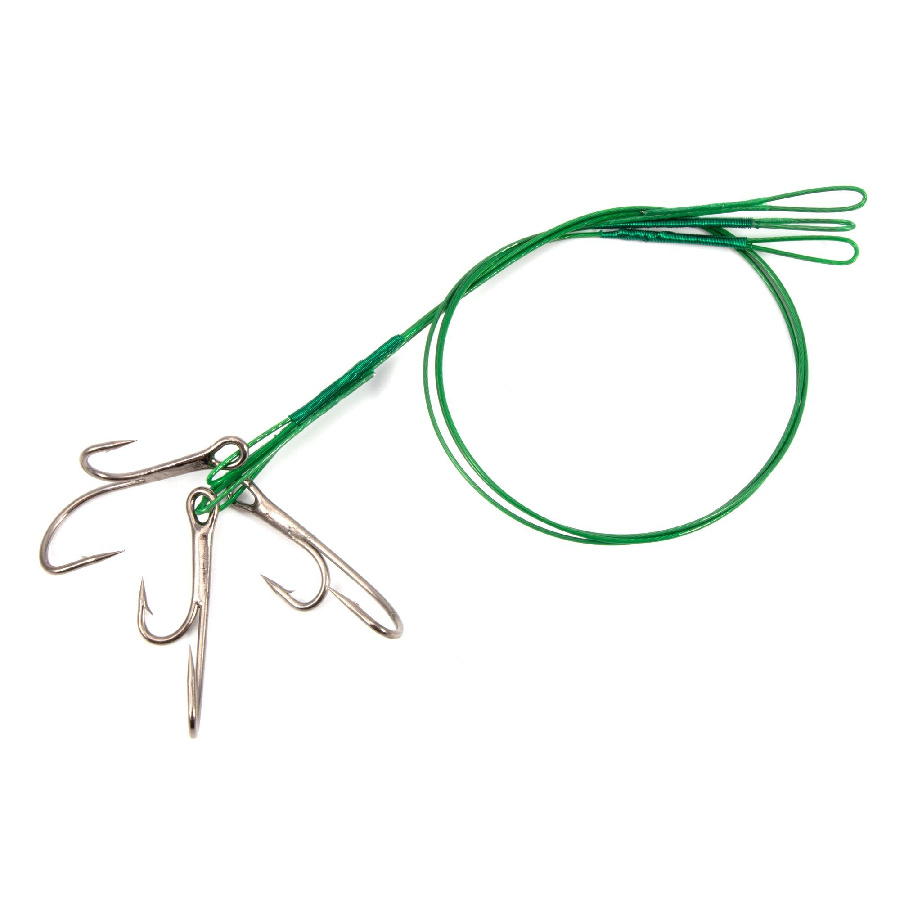 Поводок стальной NAMAZU Leader 1х7 Nylon Coated Green, d-0,39 мм, L-20 см, с живцовым крючком 4715 Double Ryder № 1, test- 18 кг (уп. 3 шт.)